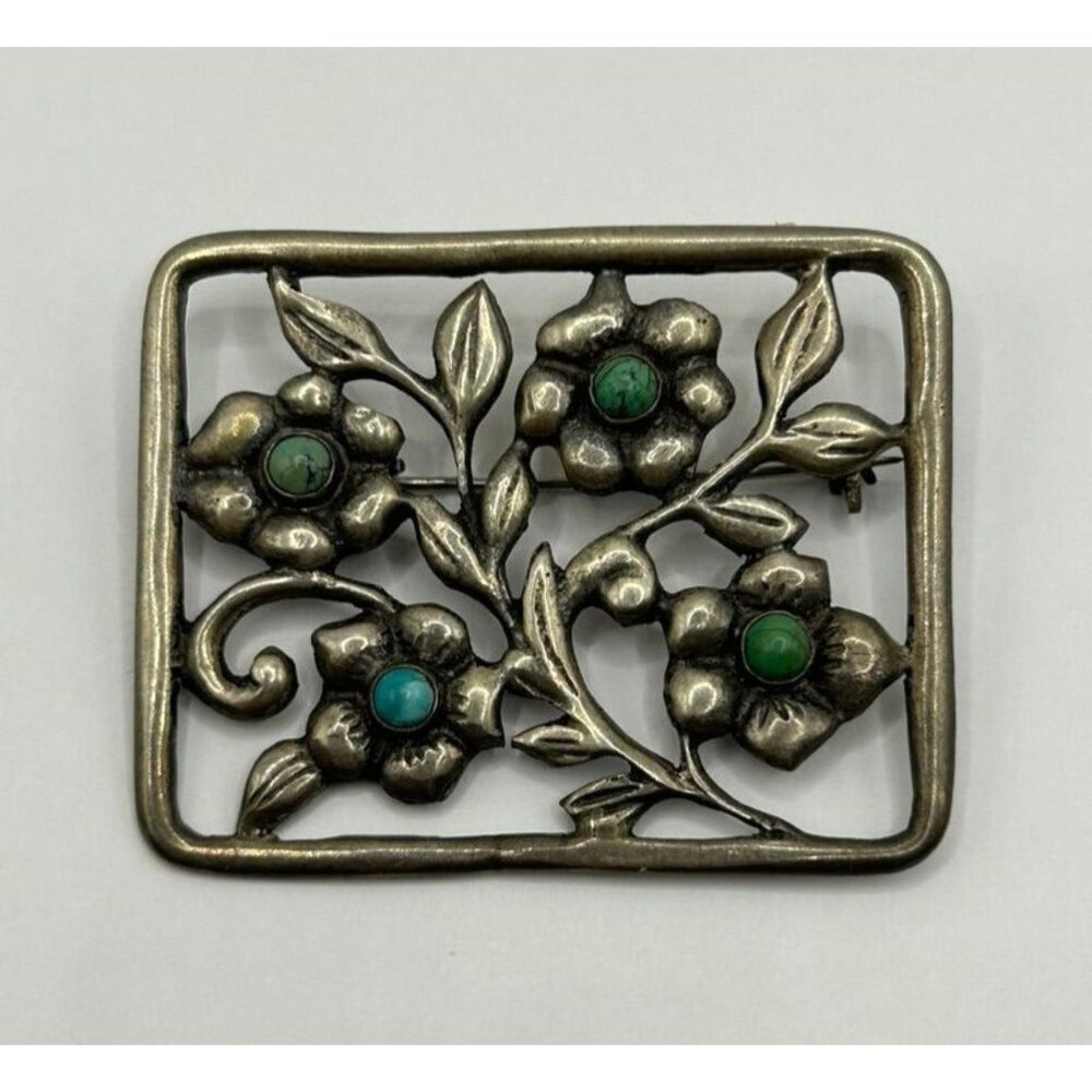Vintage Mexico Silver & Turquoise Floral Rectangle Brooch